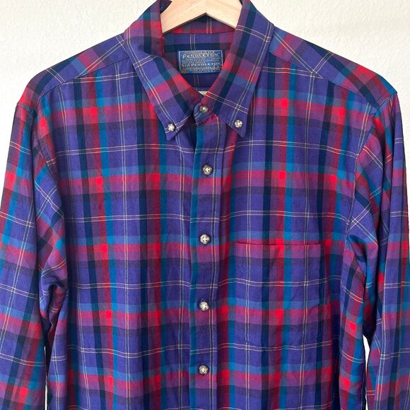Pendleton 100% Wool Purple Plaid Flannel Button Up Vintage 90's Large - Picture 1 of 13